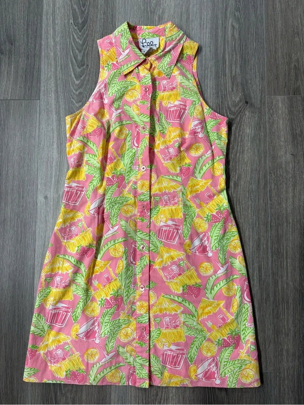 Lilly Pulitzer Pink Cocktail Tiki Print Sleeveless Shirt Dress 4 Cotton Preppy - Picture 1 of 11